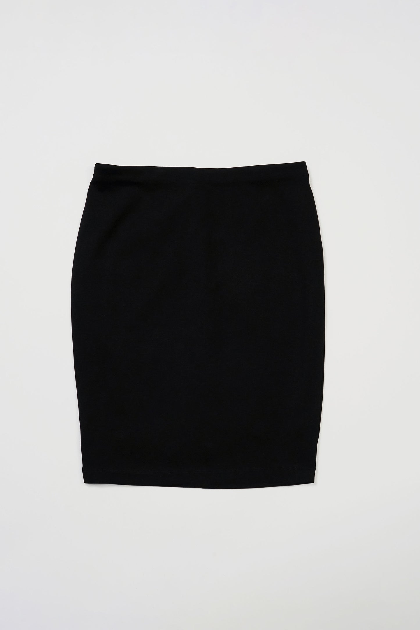 classic black pencil skirt, made of ponte, small side slit, 21"long, pull up elastic waist
