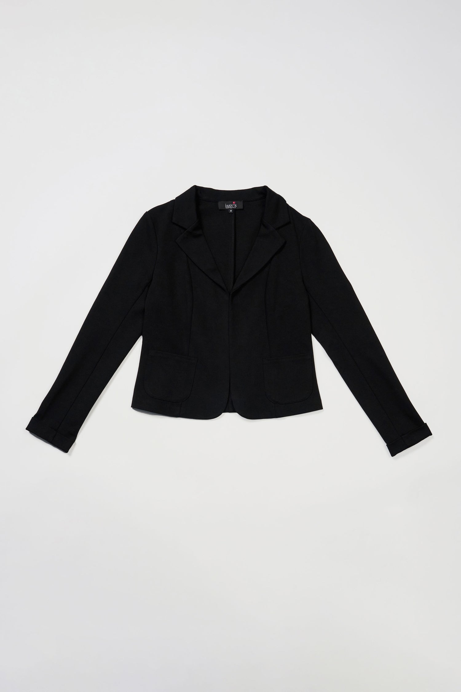 classic black blazer, made of ponte, princess seam, open front, 2 small front pockets, small wrist cuff, matches with issy's classic pencil skirt and issy's classic crop flare pant.