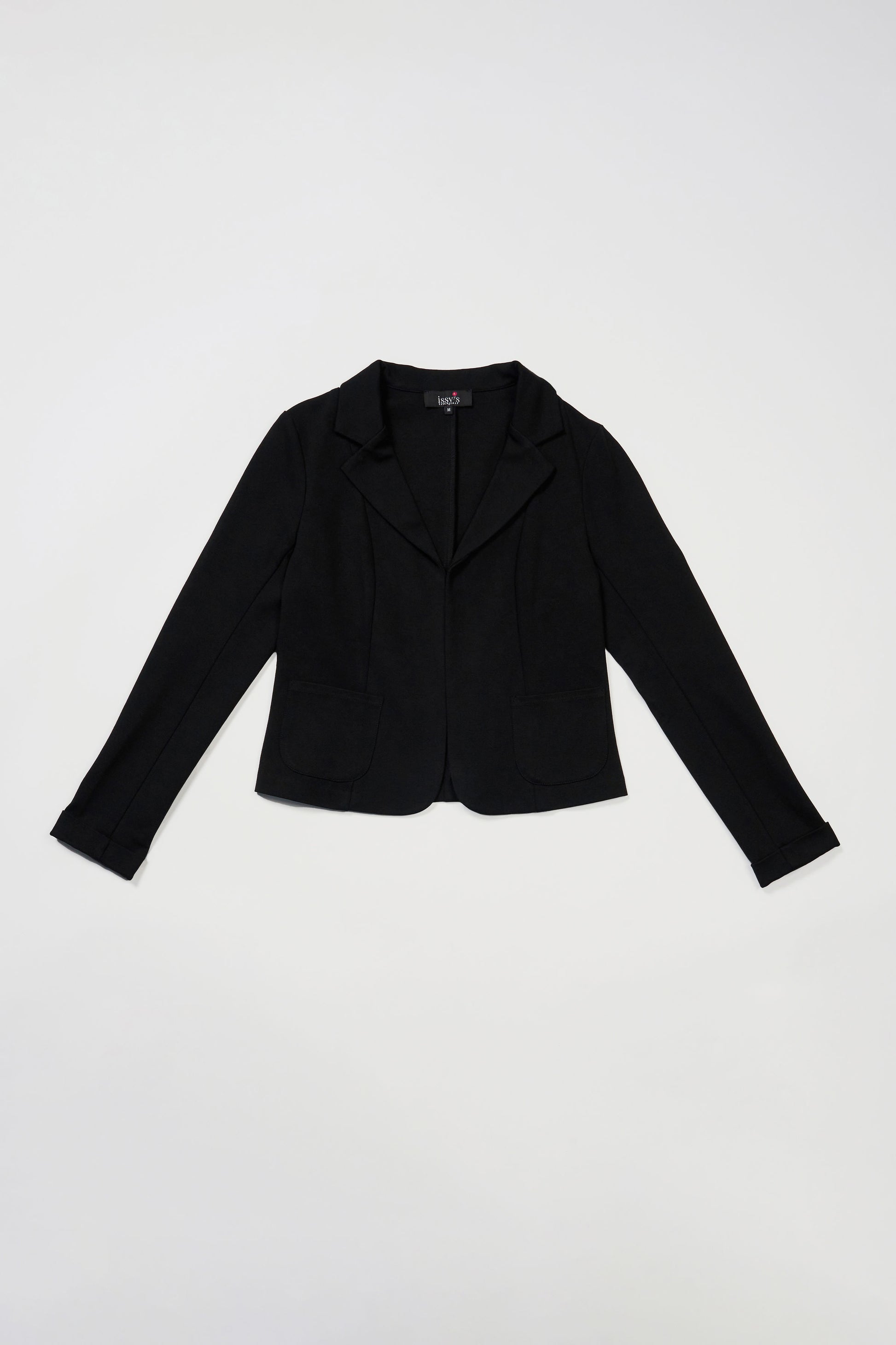 classic black blazer, made of ponte, princess seam, open front, 2 small front pockets, small wrist cuff, matches with issy's classic pencil skirt and issy's classic crop flare pant.