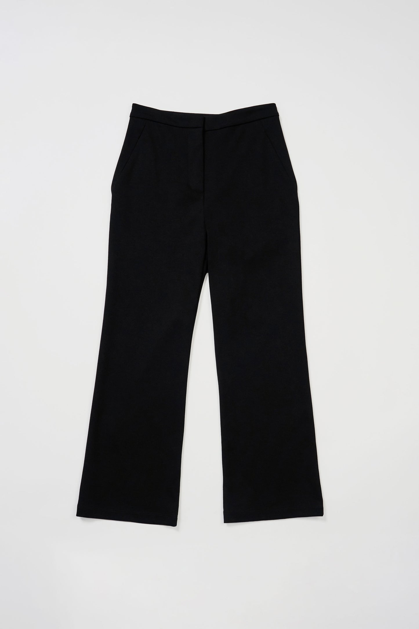 Classic black crop flare pant, made of ponte, 25.5" inseam, 2 fully functional front pockets w/invisible zippers, hidden front zipper, hook & bar closure, matches with issy;s classic black blazer.