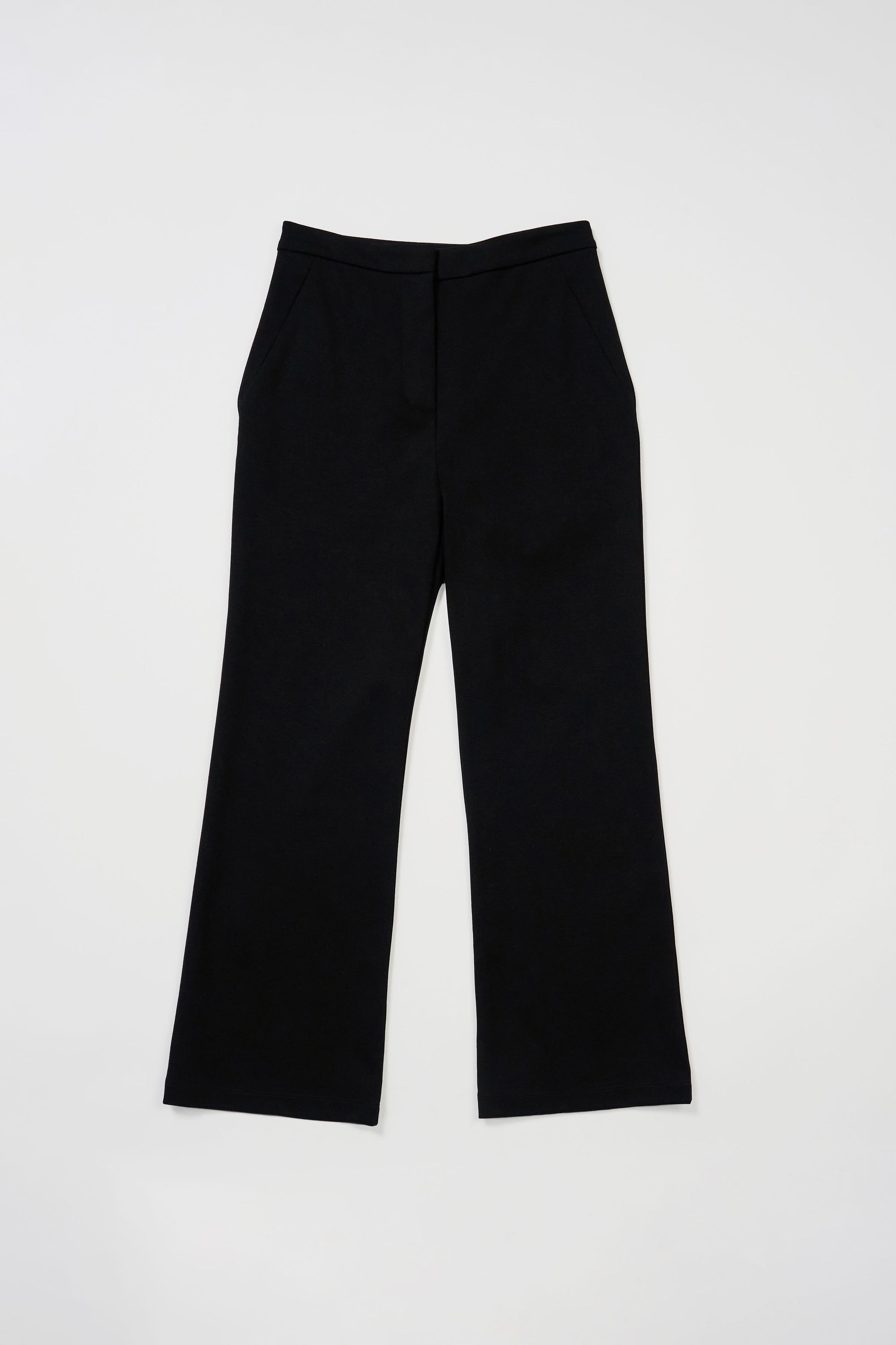 Classic black crop flare pant, made of ponte, 25.5" inseam, 2 fully functional front pockets w/invisible zippers, hidden front zipper, hook & bar closure, matches with issy;s classic black blazer.