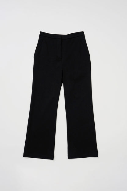 Classic black crop flare pant, made of ponte, 25.5" inseam, 2 fully functional front pockets w/invisible zippers, hidden front zipper, hook & bar closure, matches with issy;s classic black blazer.