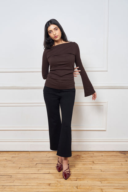 Classic black crop flare pant, made of ponte, 25.5" inseam, 2 fully functional front pockets w/invisible zippers, hidden front zipper, hook & bar closure, matches with issy;s classic black blazer.