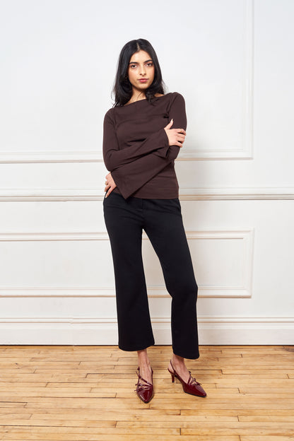 Classic black crop flare pant, made of ponte, 25.5" inseam, 2 fully functional front pockets w/invisible zippers, hidden front zipper, hook & bar closure, matches with issy;s classic black blazer.