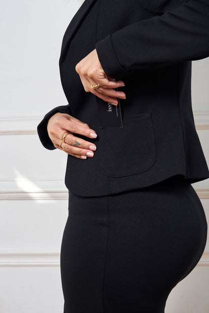 classic black blazer, made of ponte, princess seam, open front, 2 small front pockets, small wrist cuff, matches with issy's classic pencil skirt and issy's classic crop flare pant.