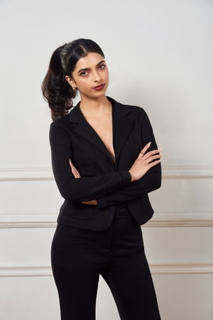 classic black blazer, made of ponte, princess seam, open front, 2 small front pockets, small wrist cuff, matches with issy's classic pencil skirt and issy's classic crop flare pant.