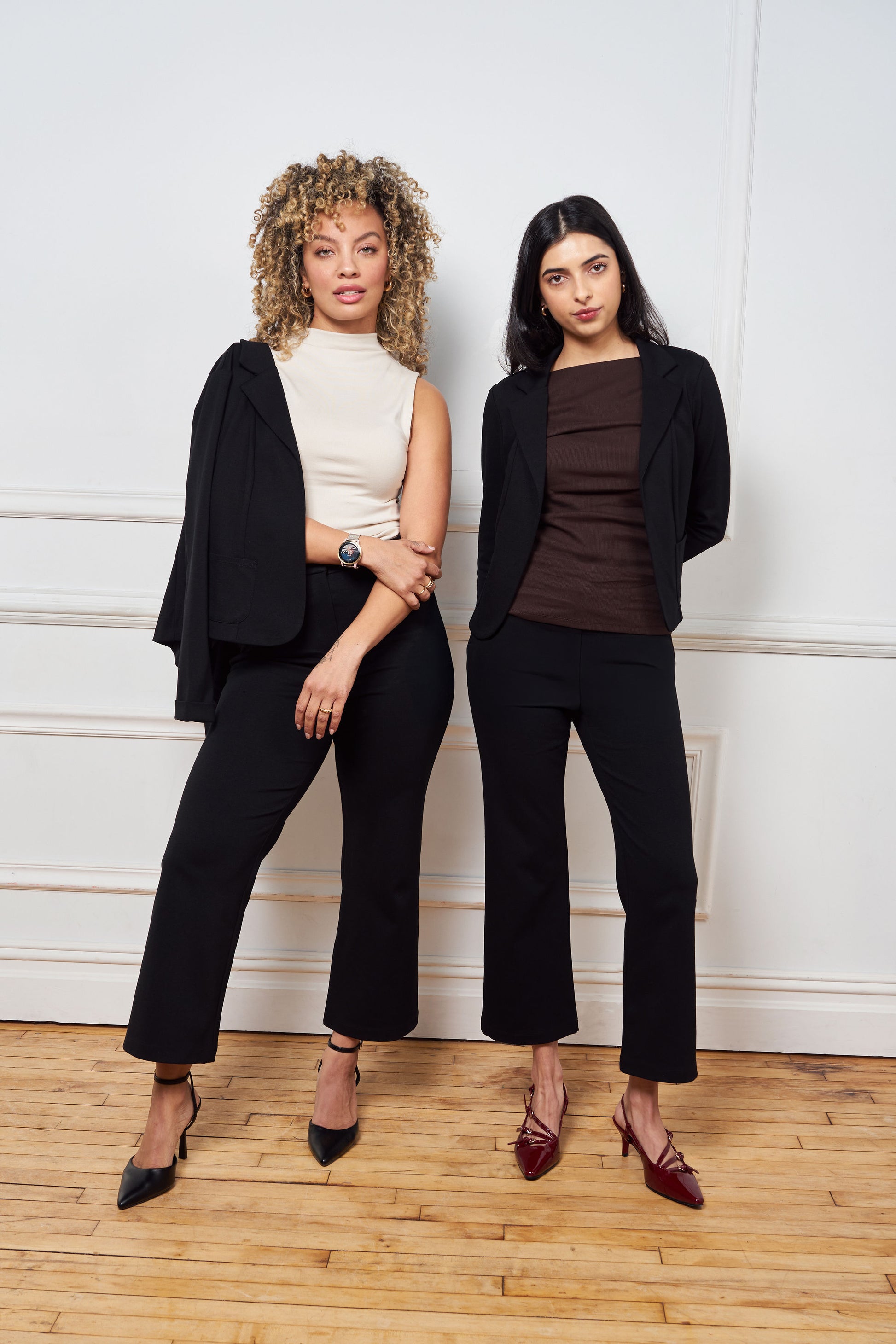 classic black blazer, made of ponte, princess seam, open front, 2 small front pockets, small wrist cuff, matches with issy's classic pencil skirt and issy's classic crop flare pant.