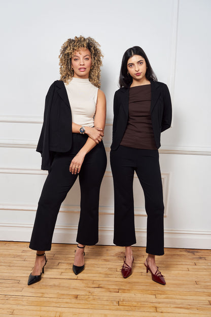 classic black blazer, made of ponte, princess seam, open front, 2 small front pockets, small wrist cuff, matches with issy's classic pencil skirt and issy's classic crop flare pant.