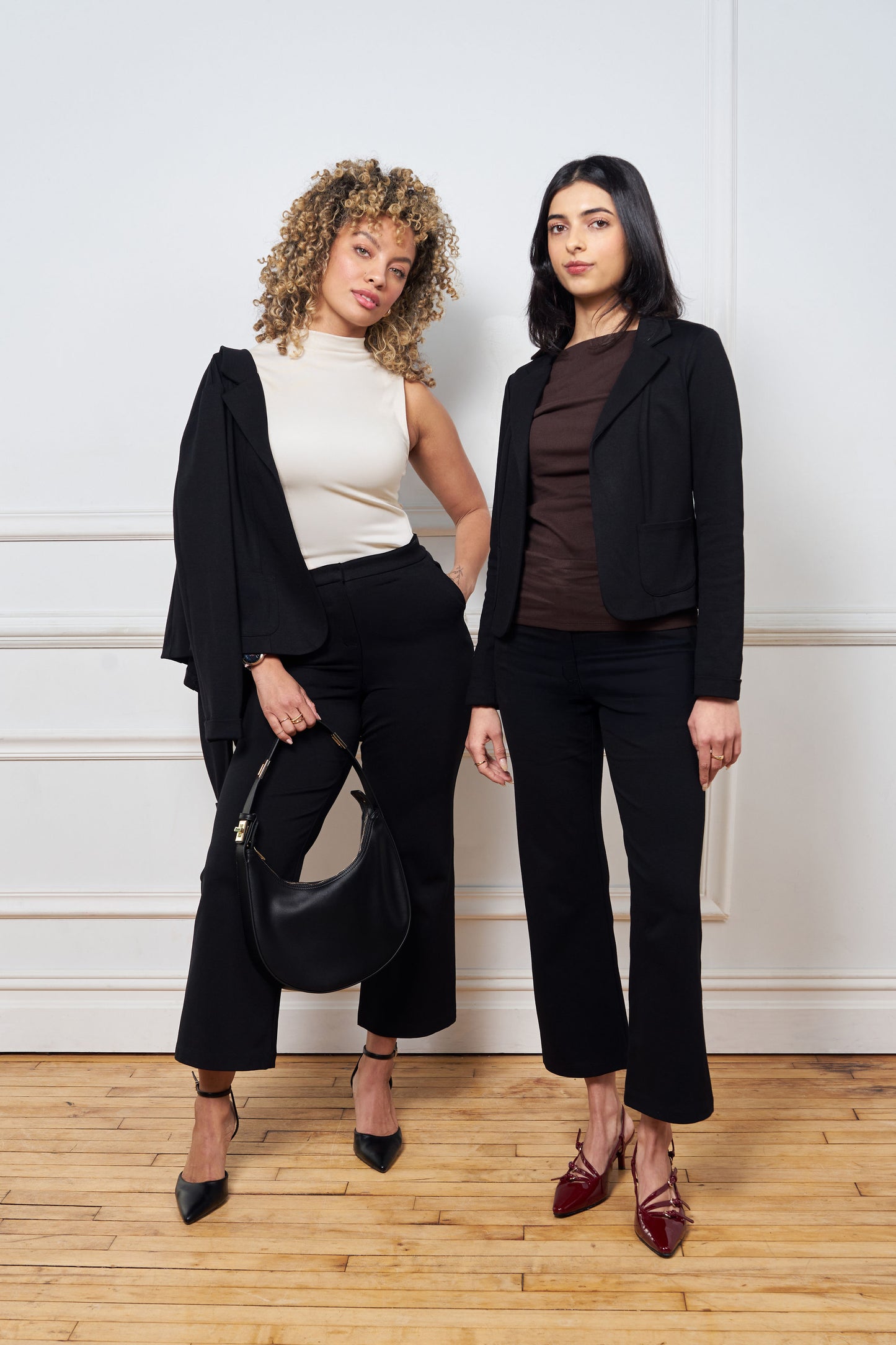 classic black blazer, made of ponte, princess seam, open front, 2 small front pockets, small wrist cuff, matches with issy's classic pencil skirt and issy's classic crop flare pant.