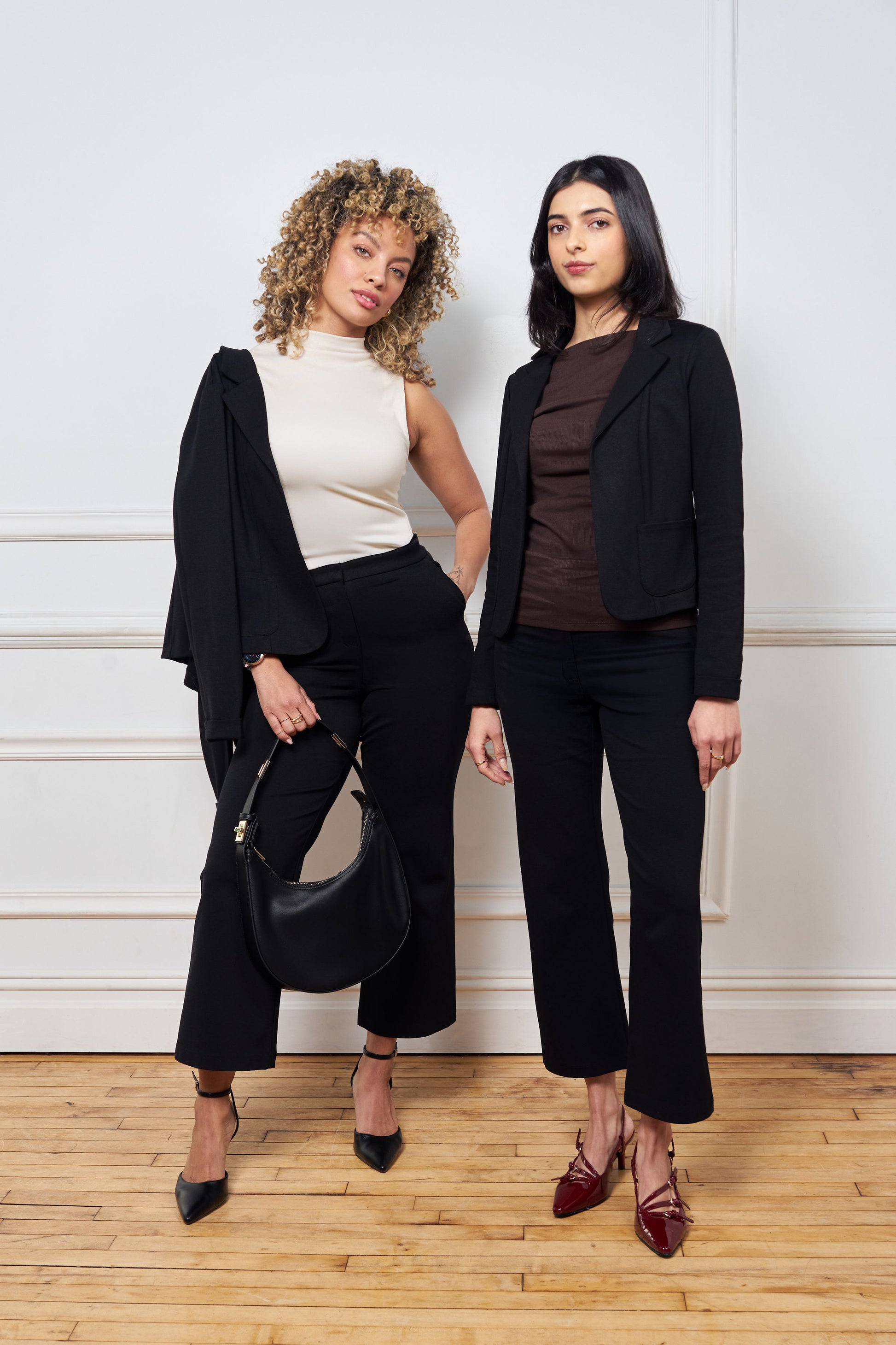 classic black blazer, made of ponte, princess seam, open front, 2 small front pockets, small wrist cuff, matches with issy's classic pencil skirt and issy's classic crop flare pant.